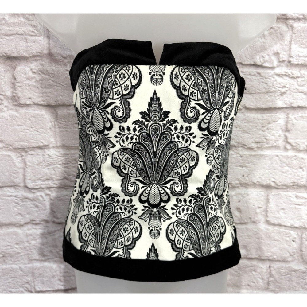 White House Black Market 2 Strapless Corset Bustier Lace Up Back Velvet Trim Top